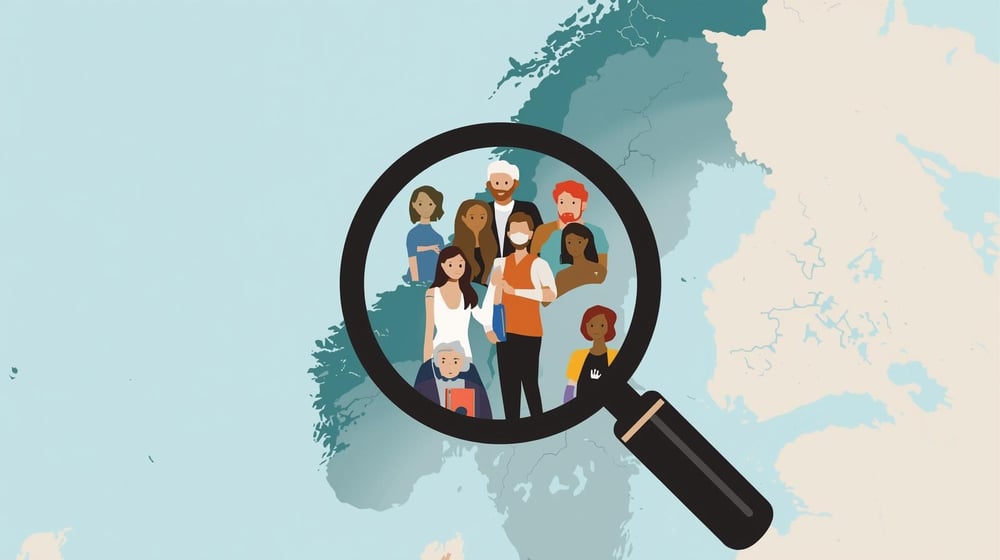 Lag et illustrerende bilde som viser Norge (tegnet opp som et _kart__selve området Norge, med noen illustrerte mennesler (ikke ekte) og et forstørrelsesglass som illustrerer representativitet